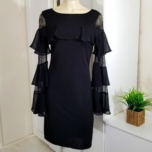 Beautiful Black Ruffle Lace Bell Sleeve Dress